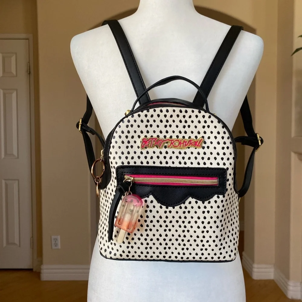 Betsey Johnson Black and White Polka Dot Mini Backpack with Vibrant Accents